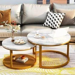 AWQM Nesting Coffee Table Set Of 2, Round End Table Modern Stacking Side Table With Faux Marble Top And Metal Frame For Living Room, Bedroom And Balcony, White -Best Furniture Store 51Yd3eV7CCL. AC