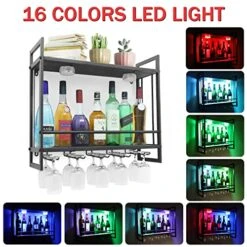 LED Wine Rack Wall Mounted , Wine Bottle Stemware Rack, 23.6In Rustic Metal Hanging Wine Holder With 5 Stem Glass Holders For Wine Glasses, 16 RGB Dimmable Colors With Remote Control (23.6 In) -Best Furniture Store 51Ydos0uZEL