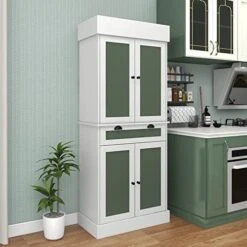 Giantex Kitchen Pantry Cabinet, 72” Tall Buffet Cupboard With 2-Door Sideboards, Large Drawer, 3 Adjustable Shelves & Anti-Tipping Kits, Storage Cabinet For Dining Room Living Room (White & Green) 9 Giantex Kitchen Pantry Cabinet, 72” Tall Buffet Cupboard With 2-Door Sideboards, Large Drawer, 3 Adjustable Shelves & Anti-Tipping Kits, Storage Cabinet For Dining Room Living Room (White & Green) -Best Furniture Store 51YeWv2KvSL