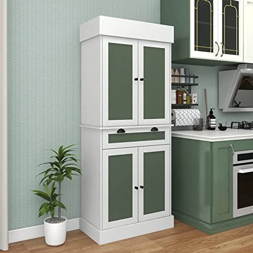 Giantex Kitchen Pantry Cabinet, 72” Tall Buffet Cupboard With 2-Door Sideboards, Large Drawer, 3 Adjustable Shelves & Anti-Tipping Kits, Storage Cabinet For Dining Room Living Room (White & Green) 4 Giantex Kitchen Pantry Cabinet, 72” Tall Buffet Cupboard With 2-Door Sideboards, Large Drawer, 3 Adjustable Shelves & Anti-Tipping Kits, Storage Cabinet For Dining Room Living Room (White & Green) - Image 4