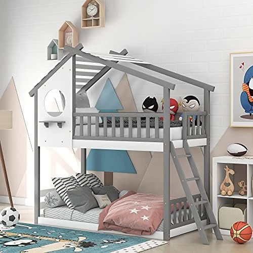 GLORHOME Twin Size Low Loft Bed House Bedframe With Roof And 2 Windows,Wood Slat Support, Fun Bedroom Furniture For Kids, White 7 GLORHOME Twin Size Low Loft Bed House Bedframe With Roof And 2 Windows,Wood Slat Support, Fun Bedroom Furniture For Kids, White - Image 7