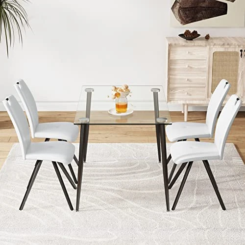 FURNITO Glass Dining Table Set For 4, 5 Piece Kitchen Dining Table Set With Modern PU Leather Chairs Set Of 4,for Dining Room,Living Room Table Set (1 X 47 Inch Glass Table+4 Leather Chairs) 3 FURNITO Glass Dining Table Set For 4, 5 Piece Kitchen Dining Table Set With Modern PU Leather Chairs Set Of 4,for Dining Room,Living Room Table Set (1 X 47 Inch Glass Table+4 Leather Chairs) - Image 3