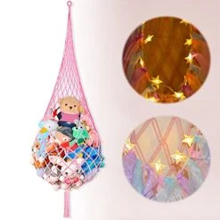 Stuffed Animal Net Or Hammock With LED Light, Toy Storage Hammock Hanging Stuffed Animal Storage Mesh Holder With Tassels For Kids Bedroom
