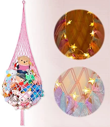 Stuffed Animal Net Or Hammock With LED Light, Toy Storage Hammock Hanging Stuffed Animal Storage Mesh Holder With Tassels For Kids Bedroom 7 Stuffed Animal Net Or Hammock With LED Light, Toy Storage Hammock Hanging Stuffed Animal Storage Mesh Holder With Tassels For Kids Bedroom - Image 7