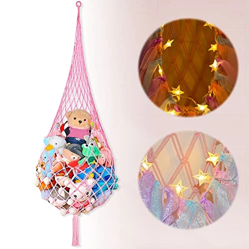 Stuffed Animal Net Or Hammock With LED Light, Toy Storage Hammock Hanging Stuffed Animal Storage Mesh Holder With Tassels For Kids Bedroom 1 Stuffed Animal Net Or Hammock With LED Light, Toy Storage Hammock Hanging Stuffed Animal Storage Mesh Holder With Tassels For Kids Bedroom