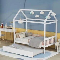 Harper & Bright Designs Twin House Bed With Trundle Bed, Wood Twin Size Daybed For Girls Boys,Kids Platform Bed Frame With Roof Twin Cabin Bed For Bedroom,Pink+White 23 Harper & Bright Designs Twin House Bed With Trundle Bed, Wood Twin Size Daybed For Girls Boys,Kids Platform Bed Frame With Roof Twin Cabin Bed For Bedroom,Pink+White -Best Furniture Store 51ZZ6CVSCML. AC