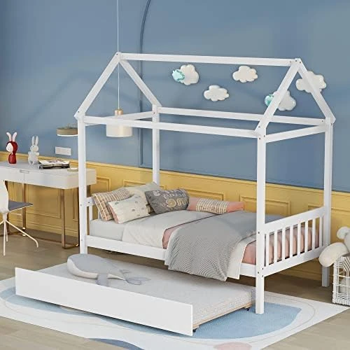 Harper & Bright Designs Twin House Bed With Trundle Bed, Wood Twin Size Daybed For Girls Boys,Kids Platform Bed Frame With Roof Twin Cabin Bed For Bedroom,Pink+White 9 Harper & Bright Designs Twin House Bed With Trundle Bed, Wood Twin Size Daybed For Girls Boys,Kids Platform Bed Frame With Roof Twin Cabin Bed For Bedroom,Pink+White - Image 9