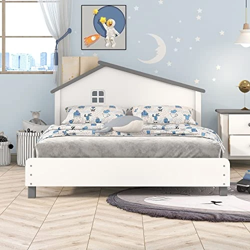 Merax Modern Kids House Beds Full Wood Low Bed Frames For Boys,Girls, No Box Spring Need/Easy Assemble(Full,White+Gray) 3 Merax Modern Kids House Beds Full Wood Low Bed Frames For Boys,Girls, No Box Spring Need/Easy Assemble(Full,White+Gray) - Image 3