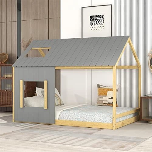 HZSSDTKJ Twin Size Low Wood House Bed With Roof And Window,Wooden Floor Platform Bed Frame With Wood Slats Support,Playhouse Design For Kids Girls Boys Teens Bedroom Furniture (Gray+Natural, Twin) 13 HZSSDTKJ Twin Size Low Wood House Bed With Roof And Window,Wooden Floor Platform Bed Frame With Wood Slats Support,Playhouse Design For Kids Girls Boys Teens Bedroom Furniture (Gray+Natural, Twin) - Image 13