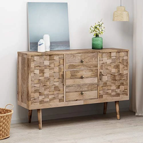 Great Deal Furniture Zona Mid-Century Modern Mango Wood 3 Drawer Sideboard With 2 Doors, Natural 2 Great Deal Furniture Zona Mid-Century Modern Mango Wood 3 Drawer Sideboard With 2 Doors, Natural - Image 2