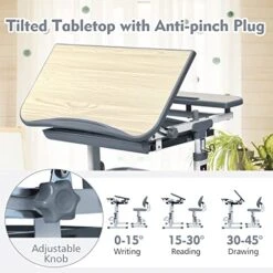 GLACER Height-Adjustable Kids Desk & Chair Set, Children Study Desk With 45-Degree Tilted Desktop, Anti-Pinch Plug, Hook, Pull-Out Storage Drawer, Suitable For 3-14 Years Old Kids (Gray) 11 GLACER Height-Adjustable Kids Desk & Chair Set, Children Study Desk With 45-Degree Tilted Desktop, Anti-Pinch Plug, Hook, Pull-Out Storage Drawer, Suitable For 3-14 Years Old Kids (Gray) -Best Furniture Store 51ZxCBoM8YL