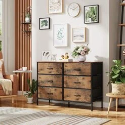 Wide Dresser With 6 Drawers, TV Stand For 50" TV, Entertainment Center With Metal Frame, Wooden Top, Fabric Storage Dresser For Bedroom, Hallway, Entryway, Rustic Brown Wood Grain Print -Best Furniture Store 51a2IRO7gzL