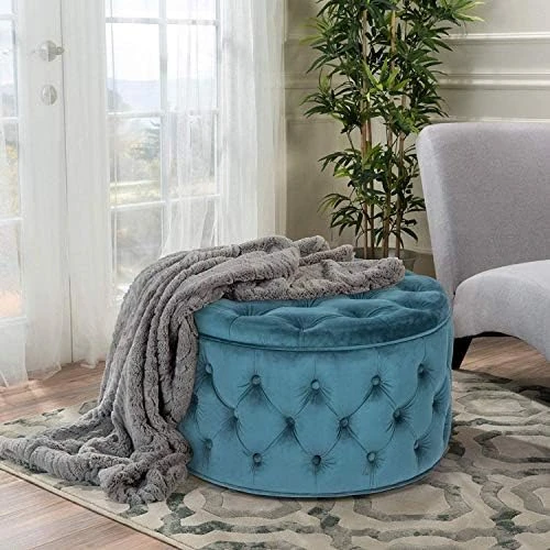 Homebeez Round Velvet Storage Ottoman, Button Tufted Footrest Stool Coffee Table For Living Room (Grey) 7 Homebeez Round Velvet Storage Ottoman, Button Tufted Footrest Stool Coffee Table For Living Room (Grey) - Image 7
