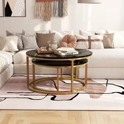WiberWi Round Coffee Table Nesting Tables Set Of 2, Large : Ø 34.0", Small : Ø 26.0", Modern Design Coffee Tables For Living Room, Gold Metal Frame Circle Cocktail Table, High Glossy Faux Black Marble -Best Furniture Store 51aIFOxrudL