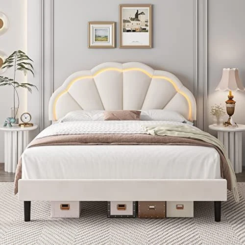 Ull Upholstered Smart LED Bed Frame With Adjustable Elegant Flowers Headboard, Platform Bed Frame Full Size With Wooden Slats Support, No Box Spring Needed, Easy Assembly, Beige 6 Ull Upholstered Smart LED Bed Frame With Adjustable Elegant Flowers Headboard, Platform Bed Frame Full Size With Wooden Slats Support, No Box Spring Needed, Easy Assembly, Beige - Image 6