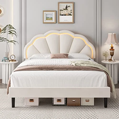 Ull Upholstered Smart LED Bed Frame With Adjustable Elegant Flowers Headboard, Platform Bed Frame Full Size With Wooden Slats Support, No Box Spring Needed, Easy Assembly, Beige 1 Ull Upholstered Smart LED Bed Frame With Adjustable Elegant Flowers Headboard, Platform Bed Frame Full Size With Wooden Slats Support, No Box Spring Needed, Easy Assembly, Beige