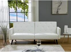 Naomi Home White Futon Sofa Bed, Faux Leather Futon Couch With Armrest And 2 Cupholders, Pull Out Sofa Bed Couch With Metal Legs, Reclining Small Couch Bed, White Futon Sofa Bed For Living Room -Best Furniture Store 51aWye07mL. AC