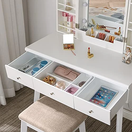 Anity Desk With Lighted Mirror, Makeup Vanity With Lights, White Vanity Set With 10 LED Bulbs & Adjustable Brightness, Dressing Table With Makeup Cabinet 3 Drawers For Women FST14W 3 Anity Desk With Lighted Mirror, Makeup Vanity With Lights, White Vanity Set With 10 LED Bulbs & Adjustable Brightness, Dressing Table With Makeup Cabinet 3 Drawers For Women FST14W - Image 3