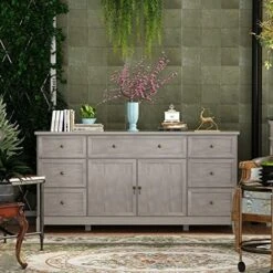 DiDuGo Sideboard Buffet Storage Cabinet With Drawers & Doors, Sideboards And Buffets With Storage, Metal Legs, Kitchen Storage Cabinet, For Hallway Living Room Marble Grey (55.1”W X 15.7”D X 29.5”H) -Best Furniture Store 51anZ348IXL. AC