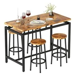 MIERES Dining Table Set For 4, Wood Kitchen Table And Chairs For 4, 5 Pieces Bar Table And Chairs Set, Industrial Bar Height Table With 4 Stools For Home Bar,Living Room,Breakfast Nook,Rustic Brown