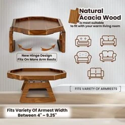 Tinamo Acacia Wood Sofa Armrest Tray -Sofa Arm Tray Table Clip Octangon - Couch Arm Table For Wide Couches - Wooden Side Tables For Small Spaces For Eating And Drink (Acacia)