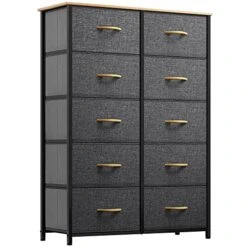 10-Drawer Dresser, Fabric Storage Tower, Tall Dresser For Bedroom, Living Room, Hallway, Closets, Sturdy Steel Frame, Wooden Top, Easy Pull Fabric Bins