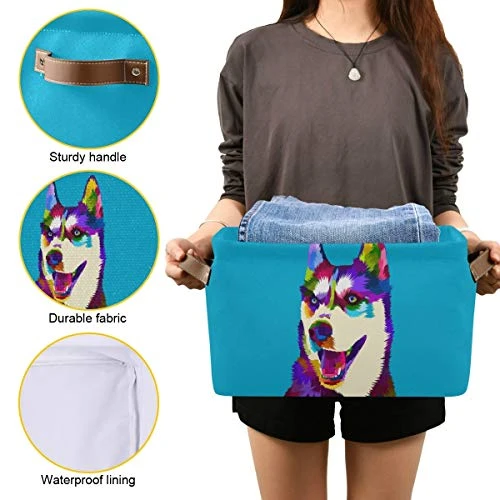 Rectangular Storage Bin Colorful Siberian Husky Dog Basket With Handles - Nursery Storage, Laundry Hamper, Book Bag, Gift Baskets 2 Rectangular Storage Bin Colorful Siberian Husky Dog Basket With Handles - Nursery Storage, Laundry Hamper, Book Bag, Gift Baskets - Image 2