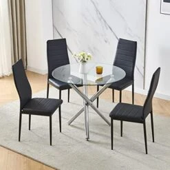 BELIFEGLORY Dining Table With Chairs Set, 5PCS Round Glass Table Set Modern Tempered Glass Top Table With 4 Velvet Chairs Dining Room Furniture -Best Furniture Store 51bXOaN9YhL. AC