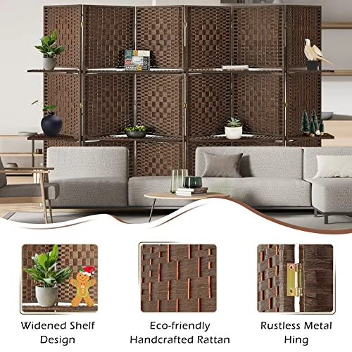 6 Panel Room Divider, 6 FT Tall&Extra Wide Weave Fiber Room Divider With Shelves, Folding Wall Dividers With Double Hinged For Room,Freestanding Room Separator, Brown 2 6 Panel Room Divider, 6 FT Tall&Extra Wide Weave Fiber Room Divider With Shelves, Folding Wall Dividers With Double Hinged For Room,Freestanding Room Separator, Brown - Image 2