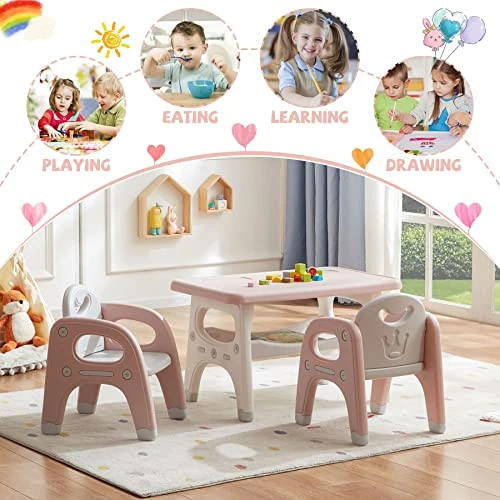 DOREROOM Kids Table And Chair Set, Plastic Children Activity Table With 2 Seats, Toddler Table And Chair Set For Reading, Drawing, Snack Time, Arts Crafts, Preschool, Gift For Boys Girls, Pink 2 DOREROOM Kids Table And Chair Set, Plastic Children Activity Table With 2 Seats, Toddler Table And Chair Set For Reading, Drawing, Snack Time, Arts Crafts, Preschool, Gift For Boys Girls, Pink - Image 2