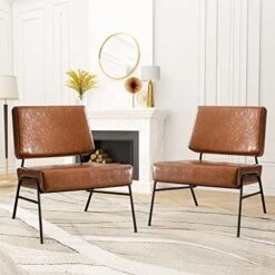 Recaceik Mid-Century Modern Leather Accent Chair, Upholstered PU Leather Chair, Lounge Living Room Chair With Metal Frame, Comfy Reading Armless Chair Home Furniture, Coffee -Best Furniture Store 51c1bEuGjL. AC