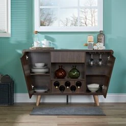 IoHOMES Gwendalynn Mid-century Buffet Server With Handless Drawer Storage, Wine Rack And Side Cabinets, Dark Walnut -Best Furniture Store 51cPGmgvv6L