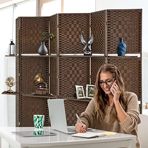 6 Panel Room Divider, 6 FT Tall&Extra Wide Weave Fiber Room Divider With Shelves, Folding Wall Dividers With Double Hinged For Room,Freestanding Room Separator, Brown 4 6 Panel Room Divider, 6 FT Tall&Extra Wide Weave Fiber Room Divider With Shelves, Folding Wall Dividers With Double Hinged For Room,Freestanding Room Separator, Brown - Image 4