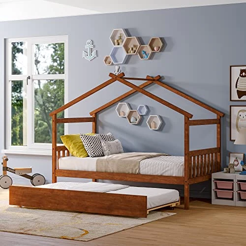 JIVOIT Twin Size House Platform Bed With Twin Size Trundle, Wooden House Bed Daybed With Roof Design And 2 Headboards, House-Shaped Canopy Bed For Kids Teens Boys Girls (Walnut-Twin-Trundle 011) 1 JIVOIT Twin Size House Platform Bed With Twin Size Trundle, Wooden House Bed Daybed With Roof Design And 2 Headboards, House-Shaped Canopy Bed For Kids Teens Boys Girls (Walnut-Twin-Trundle 011)