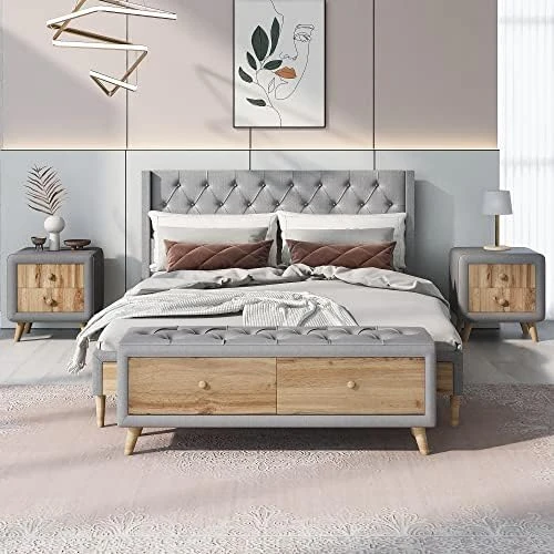 Queen Size Platform Bed With 2 Nightstands, 3 Pieces Queen Bedroom Set, Wood Queen Bed With Headboard, Queen Bedroom Furniture Sets (Champagne Silver) 11 Queen Size Platform Bed With 2 Nightstands, 3 Pieces Queen Bedroom Set, Wood Queen Bed With Headboard, Queen Bedroom Furniture Sets (Champagne Silver) - Image 11