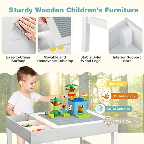 Costzon Kids Table, 3 In 1 Wooden Building Block Desk W/Storage, Double-Sided Tabletop For Toddler Arts, Crafts, Drawing, Reading, Playing, Gift For Boys Girls, Children Activity Table (White & Gray) 6 Costzon Kids Table, 3 In 1 Wooden Building Block Desk W/Storage, Double-Sided Tabletop For Toddler Arts, Crafts, Drawing, Reading, Playing, Gift For Boys Girls, Children Activity Table (White & Gray) - Image 6