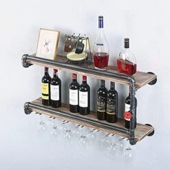 TANGGU Industrial Wine Racks Wall Mounted With 7 Stem Glass Holder,2-Tiers Rustic Metal Hanging Wine Holder,36in Wall Mount Bottle Holder,Pipe Shelves Kitchen/Living Room/Home Wood Wine Shelf -Best Furniture Store 51dAYaIbhpL