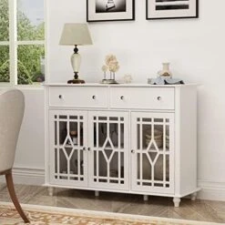 Hitow White Buffet Cabinet, Storage Sideboard With Glass Doors, Kitchen Buffet Storage Cabinet With Drawers & Adjustable Shelves, Entryway Cupboard Console Table (51.1" W X 15.7" D X 35.4" H) -Best Furniture Store 51dDzkCNznL. AC