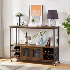 DHPM Buffet, Bar Wine Rack Open Shelf, Cupboard Table For Home Kitchen Dinning Room, TV Cabinet, Sideboard With Storage Compartment, 54.315.740.6 INCH, Brown
