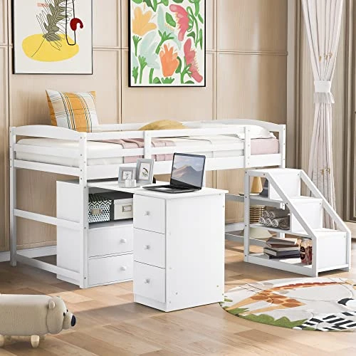 Harper & Bright Designs Twin Loft Bed With Multifunctional Movable Built-in Desk, Wood Low Loft Bed With Stairs, For Kids Teens Girls Boys - White 2 Harper & Bright Designs Twin Loft Bed With Multifunctional Movable Built-in Desk, Wood Low Loft Bed With Stairs, For Kids Teens Girls Boys - White - Image 2