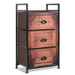 3 Drawer Dresser, Vertical Dresser Storage Tower With Fabric Drawers And Steel Frame, Industrial Wood Look Organizer Unit For Bedroom Closet Entryway, Retro Freestanding Dresser