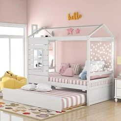 Harper & Bright Designs Twin House Bed With Trundle Bed, Wood Twin Size Daybed For Girls Boys,Kids Platform Bed Frame With Roof Twin Cabin Bed For Bedroom,Pink+White 25 Harper & Bright Designs Twin House Bed With Trundle Bed, Wood Twin Size Daybed For Girls Boys,Kids Platform Bed Frame With Roof Twin Cabin Bed For Bedroom,Pink+White -Best Furniture Store 51dNEyO cYL. AC