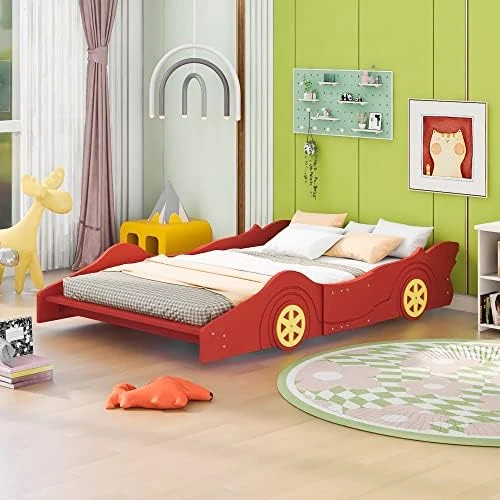 NCKMYB Twin Size Race Car Bed Kid Platform Bed Wooden Floor Bed Car Shaped Toddler Bed Frame For Boy Girl Junior,Red 11 NCKMYB Twin Size Race Car Bed Kid Platform Bed Wooden Floor Bed Car Shaped Toddler Bed Frame For Boy Girl Junior,Red - Image 11
