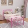 Timy Pink Kids Twin Bed Frame With Headboard And Footboard , Metal Platform Bed Frame With 12 Inch Storage Space For Boys Girls Teens Adults, No Box Spring Needed