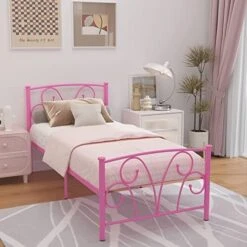Timy Pink Kids Twin Bed Frame With Headboard And Footboard , Metal Platform Bed Frame With 12 Inch Storage Space For Boys Girls Teens Adults, No Box Spring Needed -Best Furniture Store 51deNxkdEpL. AC