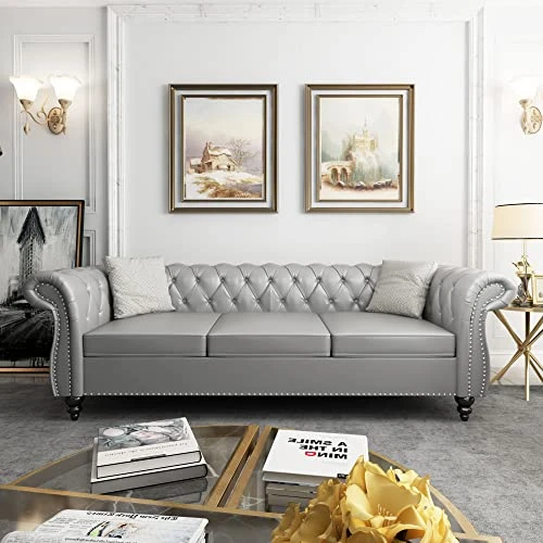 QHITTY Accent Large Sofa, Chesterfield Couch 3 Seater Modern Leather Couch Upholstered Sofa With Tufted Back For Living Room Furniture (Grey) 1 QHITTY Accent Large Sofa, Chesterfield Couch 3 Seater Modern Leather Couch Upholstered Sofa With Tufted Back For Living Room Furniture (Grey)