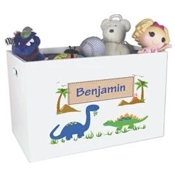 My Bambino Personalized Dinosaur Toy Box For Boys Custom White Wooden Theme For Kids Bin Child Safe With No Lid Storage Playroom Nursery