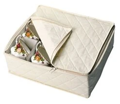 Homewares China Storage Chest, For Upto 12-Cups, Quilted Micro Fiber-Natural