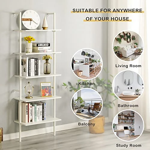 MELLCOM 5 Tier Industrial Ladder Shelf, Wood Modern Bookshelf With Metal Frame, Wall-Mounted Plant Flower Storage Organizer For Living Room, Bathroom, Kitchen, Balcony, White 5 MELLCOM 5 Tier Industrial Ladder Shelf, Wood Modern Bookshelf With Metal Frame, Wall-Mounted Plant Flower Storage Organizer For Living Room, Bathroom, Kitchen, Balcony, White - Image 5
