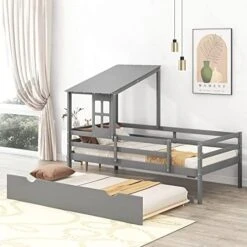 MERITLINE Twin Size House Bed With Roof, Low Loft Bed With Two Front Windows, Playhouse Bed Frame For Kids, Teens, Boys & Girls (White&Brown) -Best Furniture Store 51eZPmD2toL. AC